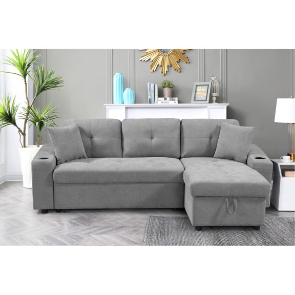 Grey Sofa with Bed Function and Cup Holders / Modern Design for Stylish Living