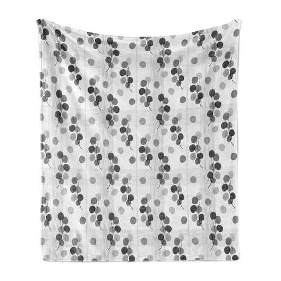 Grey Soft Flannel Fleece Blanket, Artisan Circle Shaped Leaf Foliage Branches with Sketchy Lines Strips on Background, Cozy Plush for Indoor and Outdoor Use, 70" x 90", Charcoal Grey, by Ambesonne