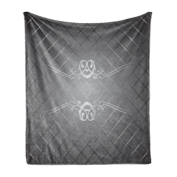 Grey Soft Flannel Fleece Blanket, Checkered Pattern with Scroll Detail Abstract Victorian Vignette Classic, Cozy Plush for Indoor and Outdoor Use, 60" x 80", Charcoal Grey Pale Grey, by Ambesonne