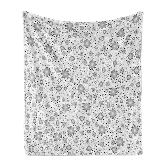 Grey Soft Flannel Fleece Blanket, Mix Florals with Rotary Round Rings and Dot Spots on the Backdrop Simplistic Blossom Print, Cozy Plush for Indoor and Outdoor Use, 50" x 70", White, by Ambesonne
