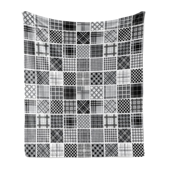 Grey Soft Flannel Fleece Blanket, Mixed Checkered Squared Scotch Plaid Striped Patterns in Patchwork Style Image, Cozy Plush for Indoor and Outdoor Use, 60" x 80", Black White Grey, by Ambesonne