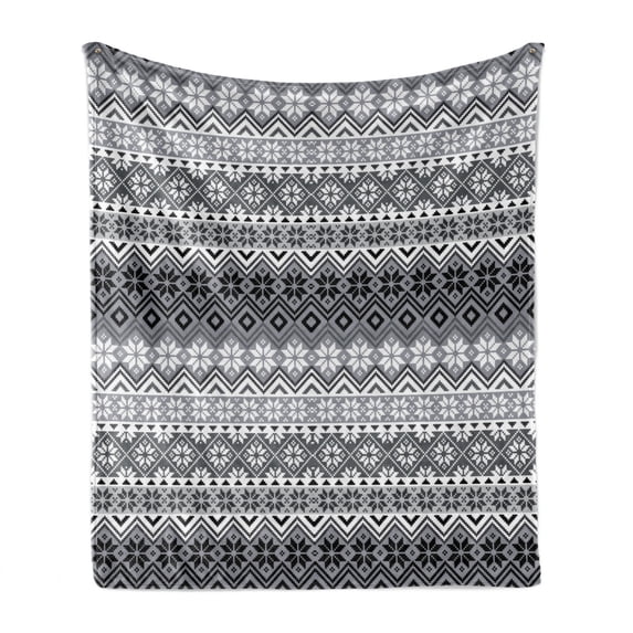 Grey Soft Flannel Fleece Blanket, Nordic Snowflake Knit Patterns Scandinavian Motifs Traditional and Modern Print, Cozy Plush for Indoor and Outdoor Use, 70" x 90", Grey White Black, by Ambesonne