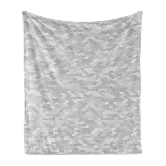 Grey Soft Flannel Fleece Blanket, Puzzle-Like Pattern with Symmetric and Fractal Pieces in Smokey Tones Modern Illustration, Cozy Plush for Indoor and Outdoor Use, 70" x 90", White, by Ambesonne