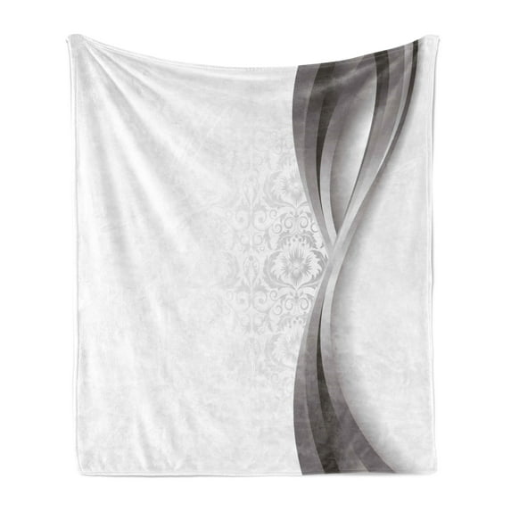 Grey Soft Flannel Fleece Blanket, Wavy Vertical Curved Stripes with Flowers and Leaves Vintage Damask Inspired, Cozy Plush for Indoor and Outdoor Use, 50" x 70", Grey Pale Grey White, by Ambesonne