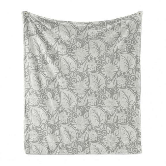 Grey Soft Flannel Fleece Throw Blanket, Big Leaves on Old Fashion Floral Background Feminine Dramatic Style Retro Graphic Print, Cozy Plush for Indoor and Outdoor Use, 50" x 70", Grey, by Ambesonne