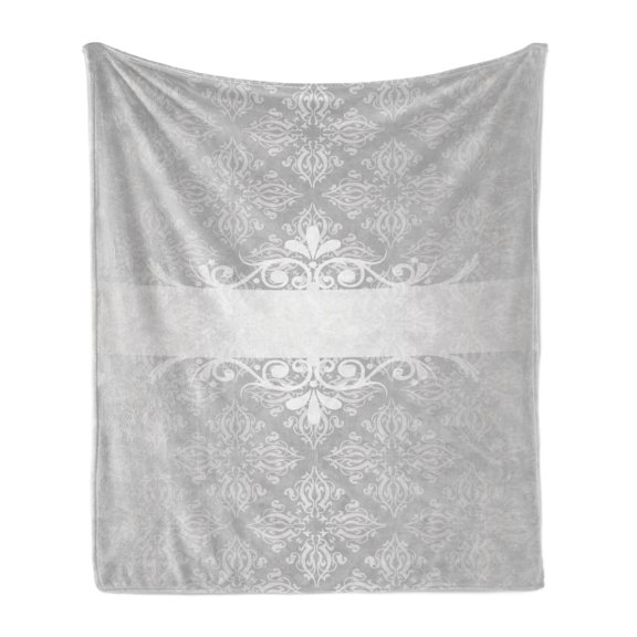 Grey Soft Flannel Fleece Throw Blanket, Classical Floral Motifs Renaissance Tile Pattern Antique Scroll Detail Old Fashioned, Cozy Plush for Indoor and Outdoor Use, 60" x 80", Grey Grey, by Ambesonne