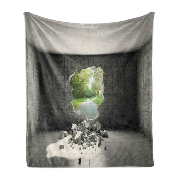 Grey Soft Flannel Fleece Throw Blanket, Concrete Room with a Hole in the Wall and Exit to Freedom Escape Destruction Theme, Cozy Plush for Indoor and Outdoor Use, 50" x 70", Grey Green, by Ambesonne