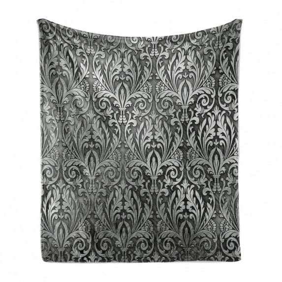 Grey Soft Flannel Fleece Throw Blanket, Graphic with Classic Floral Ornaments Medieval Empire Royal Engraving Style Print, Cozy Plush for Indoor and Outdoor Use, 70" x 90", Grey Black, by Ambesonne