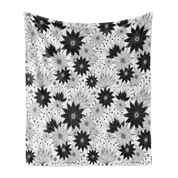 Grey Soft Flannel Fleece Throw Blanket, Illustration of Old Fashion Various Size Spiral Vintage Flowers Urban Design, Cozy Plush for Indoor and Outdoor Use, 60" x 80", White Black, by Ambesonne