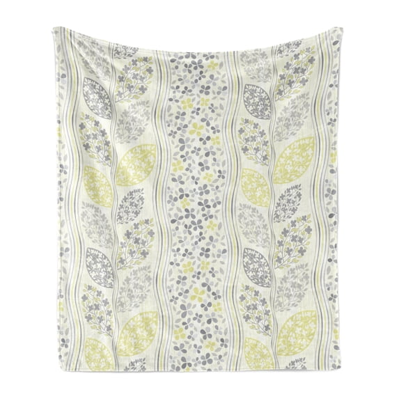 Grey Soft Flannel Fleece Throw Blanket, Leaves Motif with Stripes and Branches Creative Repetitive Plants Flower Fall Theme, Cozy Plush for Indoor and Outdoor Use, 50" x 60", Grey Green, by Ambesonne