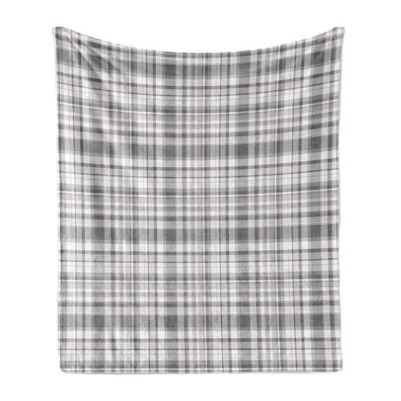 Grey Soft Flannel Fleece Throw Blanket, Pattern with Modified Stripes Crossed Horizontal and Vertical Lines Forming Squares, Cozy Plush for Indoor and Outdoor Use, 70" x 90", Grey White, by Ambesonne