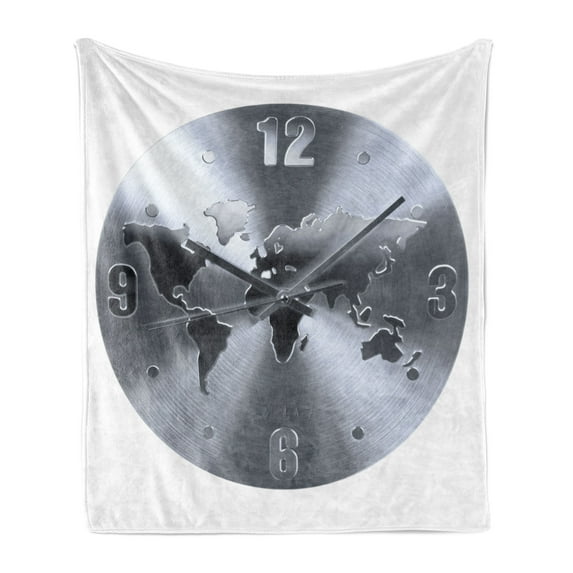 Grey Soft Flannel Fleece Throw Blanket, Round Clock Print with World Map, Cozy Plush for Indoor and Outdoor Use, 50" x 70", Blue Grey, by Ambesonne