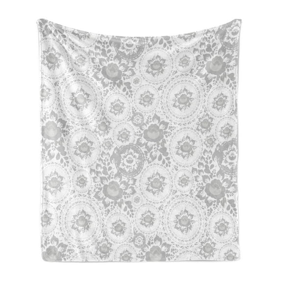 Grey Soft Flannel Fleece Throw Blanket, Shabby Form Medieval Slavic Monochrome Rose Petals Florets Fragrance Work of Art, Cozy Plush for Indoor and Outdoor Use, 60" x 80", White, by Ambesonne