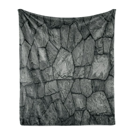 Grey Soft Flannel Fleece Throw Blanket, Stone Wall Texture Image Rough Rusty Blocks Obsolete Structure Antique Grunge Weathered, Cozy Plush for Indoor and Outdoor Use, 50" x 60", Grey, by Ambesonne