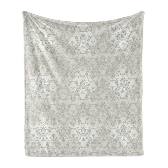 Grey Soft Flannel Fleece Throw Blanket, Vintage Rococo Motifs Inspired by Antique Damask Style Victorian Garden Revival Art, Cozy Plush for Indoor and Outdoor Use, 70" x 90", Pale Grey, by Ambesonne