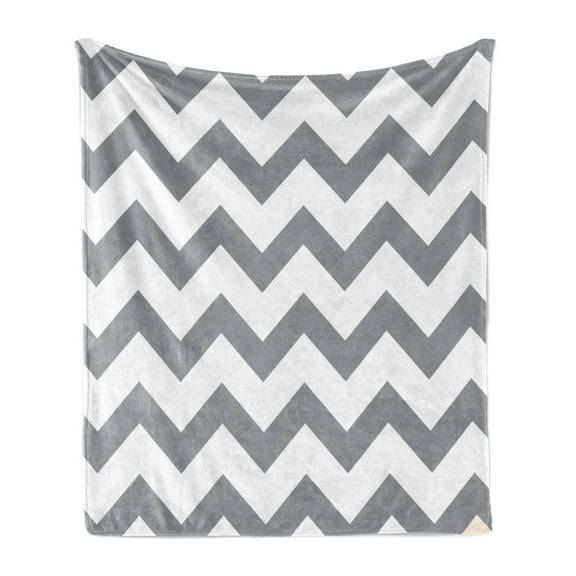 Grey Soft Flannel Fleece Throw Blanket, Grey and White Chevron Pattern Classic Geometrical Horizontal Zig Zag Stripes Retro, Cozy Plush for Indoor and Outdoor Use, 70" x 90", Grey White, by Ambesonne