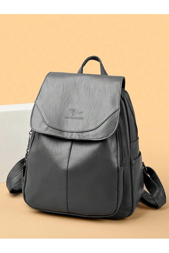 Grey Soft PU Leather Flap Front Fashion Backpack With Zippered Compartments