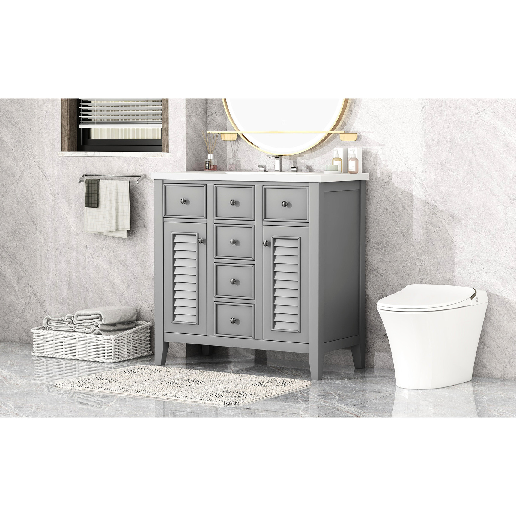 Grey Solid Wood and MDF 36" Bathroom Vanity with Ceramic Basin, Five ...