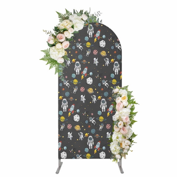 Grey Space Arch Backdrop Cover 4FT, Cartoon Cute Spaceship Planet Star Funny Spandex Fitted Stretchy Arch Stand Covers, Round Top Chiara Backdrop Cover for Wedding Party Birthday Baby Shower