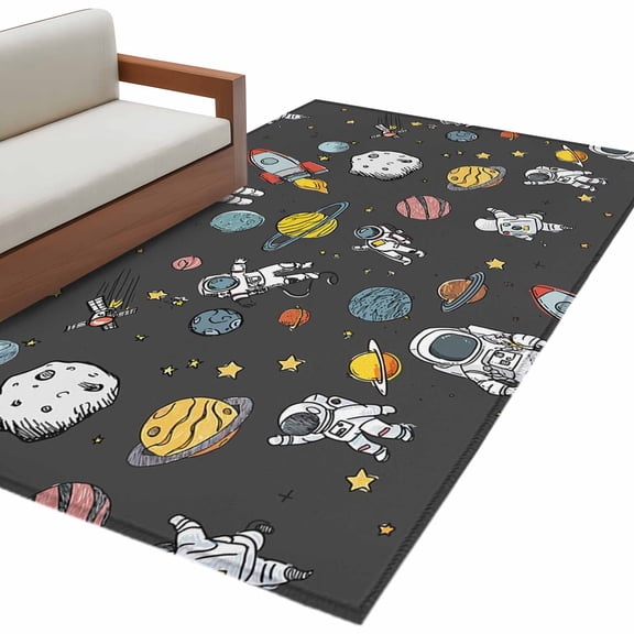 Grey Space Area Rug 4x6 Washable Rug Non Slip Cartoon Cute Spaceship Planet Star Funny Large Area Rug Indoor Floor Carpet for Entryway Bedroom Kitchen Living Room Home Office Dining Room Nursery