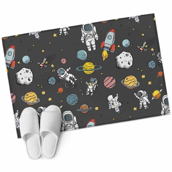 Grey Space Bathroom Rug Washable 2x3 Entryway Rug Non Slip Cartoon Cute Spaceship Planet Star Funny Front Door Mat Low Pile Indoor Doormat Throw Floor Carpet for Kitchen Bedroom Entrance
