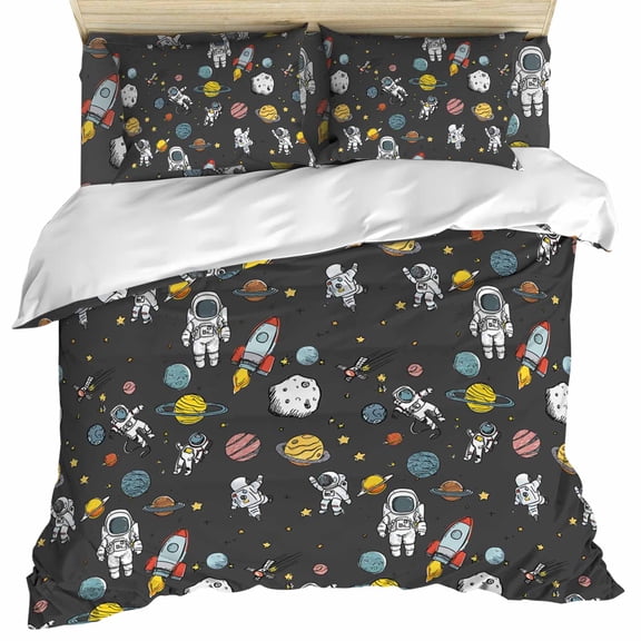 Grey Space Set of 4 Bedding Quilt Covers, Cartoon Cute Spaceship Planet Star Funny 4-Piece Bed Sheet Set with Extra Soft Bed Sheets Quilt Cover Pillowcase, California King