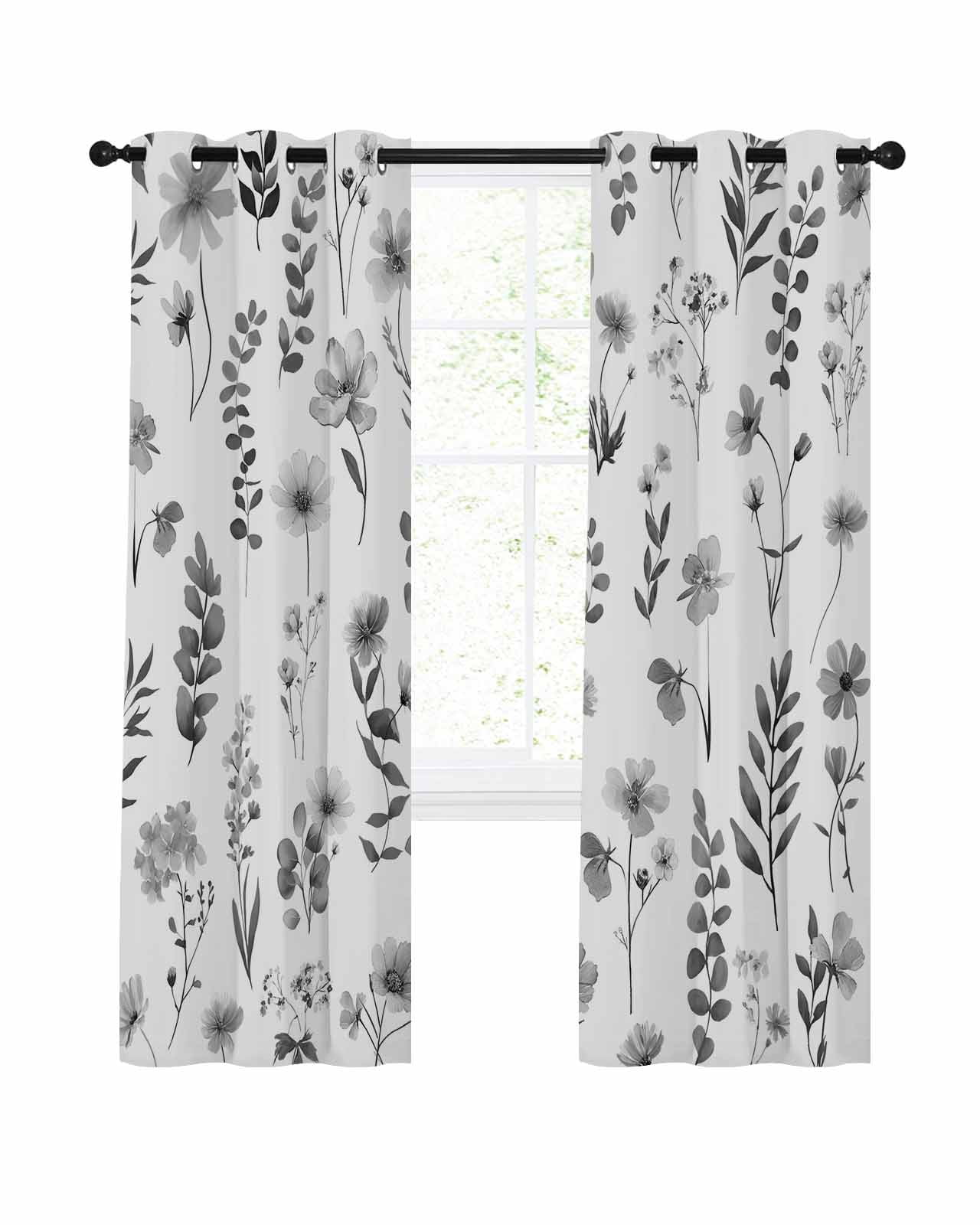 Grey Spring Floral Blackout Curtains, Light Blocking Print Window