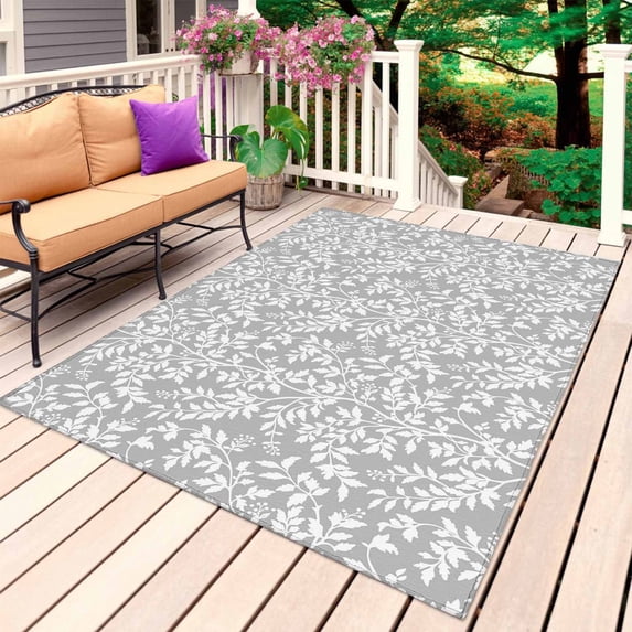 Grey Spring Floral Outdoor Rug 4x6 Ft, Non Slip Washable Area Rug, Farmhouse Flowers Elegant Pastoral Patio Rugs Carpet Runner, Large Floor Mat for Indoor/Outdoor Deck Porch Camping
