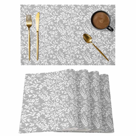 Grey Spring Floral Placemats Set of 4, Farmhouse Flowers Elegant Pastoral Placemats for Dining Table, Place Mats for Kitchen Tabletop, Waterproof Wipeable Dining Table Mats Set