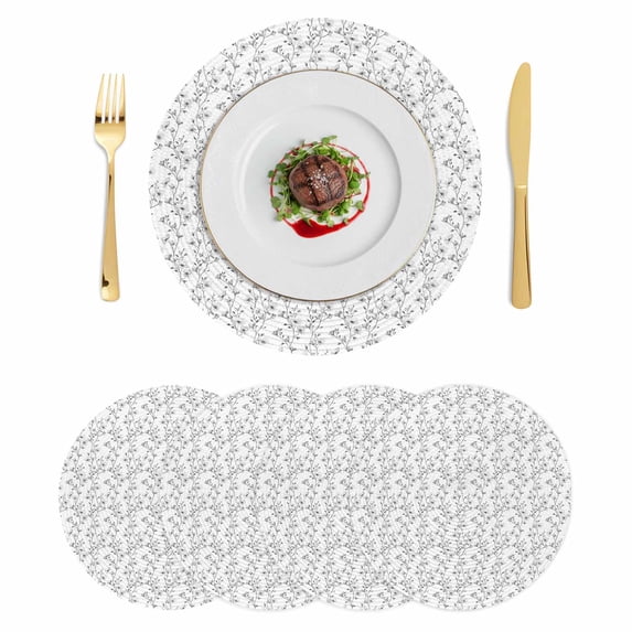 Grey Spring Floral Round 13 Inch Placemats Set of 4, Elegant Watercolor Summer Botanical HeatResistant Non Slip Place Mats for Dining Table, Wipeable Braided Kitchen Table Mats for Housewarming