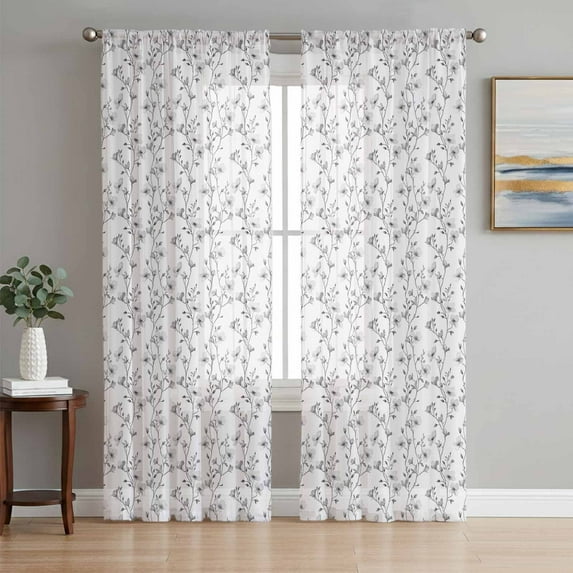 Grey Spring Floral Sheer Curtains 72 Inch Length 2 Panels Set, Elegant Watercolor Summer Botanical Voile Window Treatment Rod Pocket Curtains Sheers Drapes for Bedroom/Living Room/Kitchen 52"x72"x2