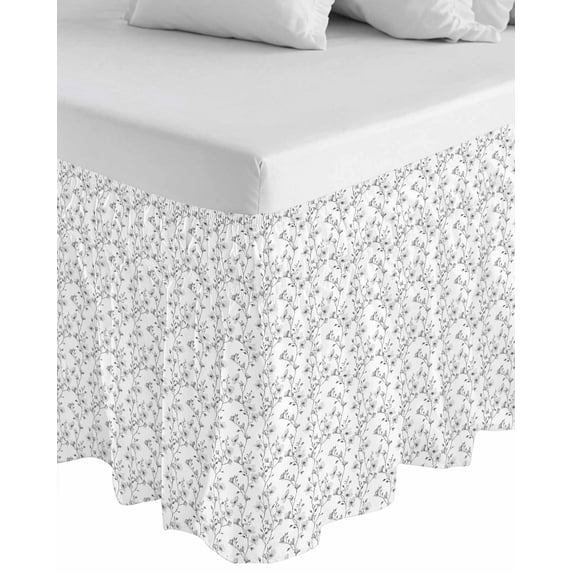 Grey Spring Floral Wrap Around Bed Skirts for Queen Bed 16" Drop,Bed Skirt with Adjustable Elastic Belt Dust Ruffle Bed Valance for Bedroom Hotel Elegant Watercolor Summer Botanical Bed Frame Cover