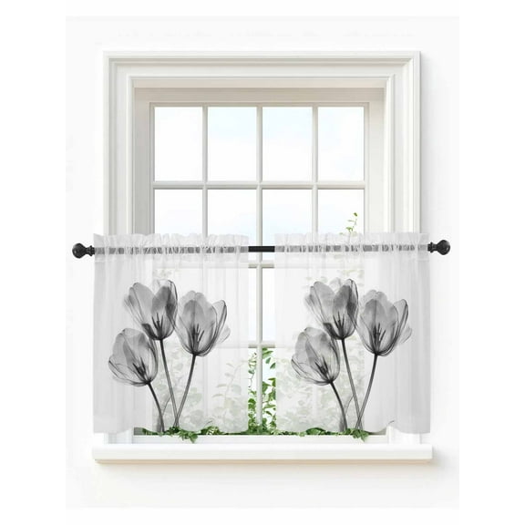 Grey Spring Tulip Floral Tier Curtains 24 Inch Length,Sheer Curtains for Bedroom Living Room,Pastoral Flowers Watercolor Rod Pocket Voile Drapes Kitchen Curtains Small Half Window 27.5"x24" 2 Panels
