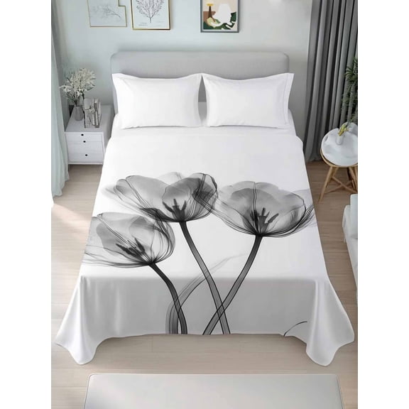 Grey Spring Tulip Floral Twim Size Flat Sheet, Wrinkleproof & Fadeproof Cooling Flat Bed Sheet Only, Pastoral Flowers Watercolor Breathable Soft Bedding Top Sheets 66 x 96 Inches