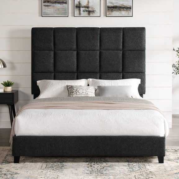 Grey Squares Upholstered Queen | In Various Bedroom Decor | Convenient Assembly