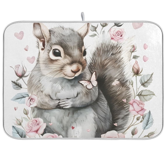 Grey Squirrel Dish Drying Mat Dish Drainer Rack Mats Water Absorbent Non-Slip Easy Clean Heat Resistant for Kitchen Counter