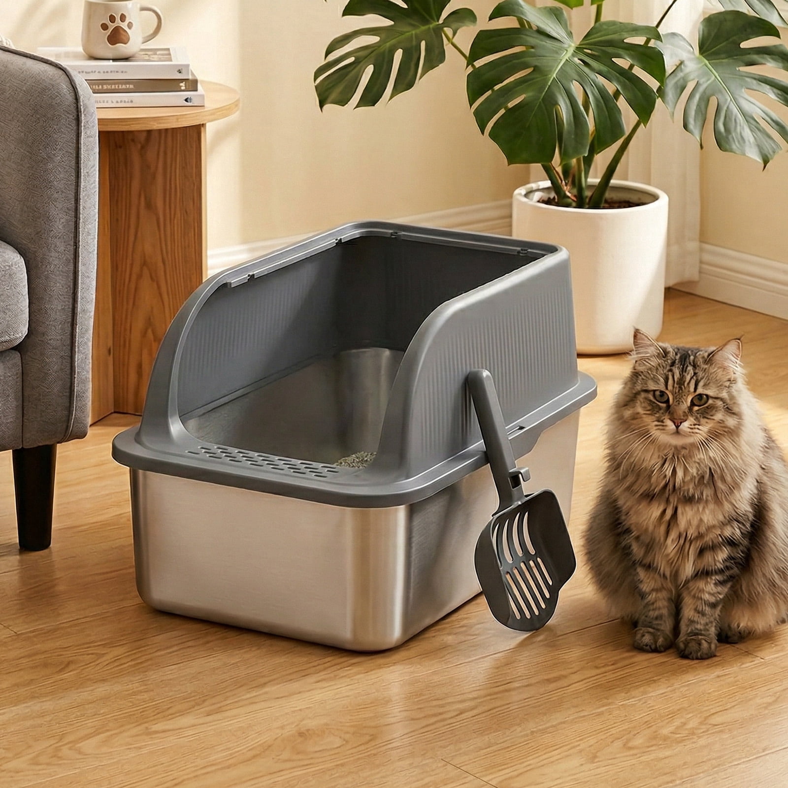 Grey Stainless Steel Cat Litter Box with High Rim Lid, Leak-Proof Indoor Cat Toilet for Small to Medium Cats, Durable Spacious Design with Litter Scoop, Non-Stick Easy Clean Odor & Scratch Resistant