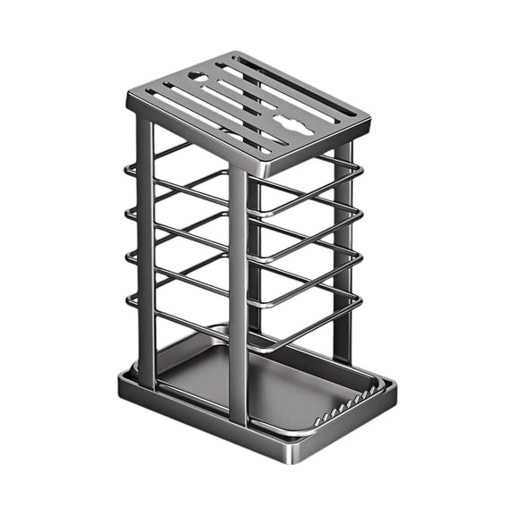 Grey Stainless Steel Kitchen Knife Holder With Inclined Slot Design And Detachable Drain Tray For Safe Storage And Countertop Drying Suitable For Various Kitchen Tools And Utensils