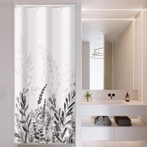 Grey Stall Shower Curtain Set for Bathroom, Spring Natural Plant Eucalyptus Leaves Floral Waterproof Fabric Weighted Hem Shower Curtain with 6 Hooks 36" x 72"