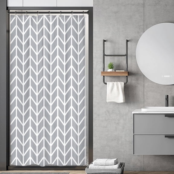 Grey Stall Small Half Size Dorm Shower Curtain 36x72 Inch Single Narrow Tiny RV Chevron Herringbone Striped Geometric Decor Fabric Bathroom Set Polyester Waterproof