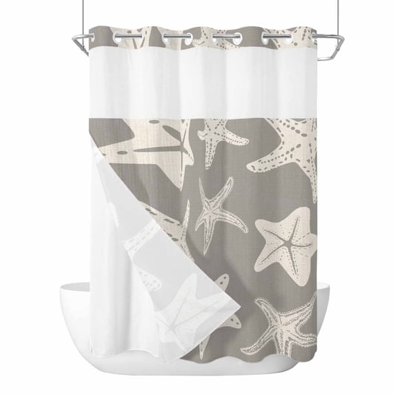 Grey Starfish Coastal No Hook Shower Curtain with Snap in Liner, Waterproof Fabric Shower Curtains, Nautical Summer Ocean Abstract Art Shower Curtain Set Top See Through for Bathroom 48"x72"