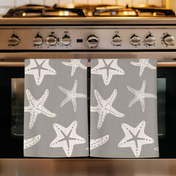 Grey Starfish Coastal Kitchen Towels Set of 4, Nautical Summer Ocean Abstract Art Absorbent Dish Towels for Kitchen, Microfiber Hand Towel, Quick Drying Tea Towel for Cleaning Decorative Dishcloths