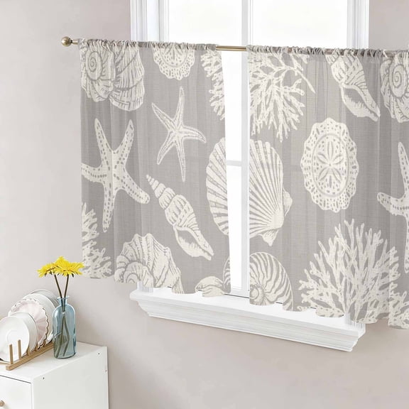 Grey Starfish Coastal Sheer Curtains 45 Inch Length 2 Panels Set, Shell Coral Summer Beach Nautical Ocean Voile Window Treatment Rod Pocket Small Kitchen Curtains Drapes for Bedroom 52"x45"x2