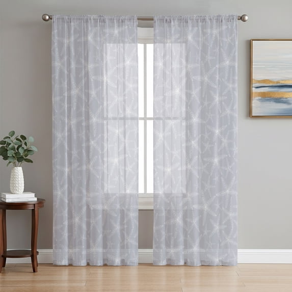 Grey Starfish Coastal Sheer Curtains 72 Inch Length 2 Panels Set, Nautical Seaside Ocean Summer Beach Voile Window Treatment Rod Pocket Curtains Sheers for Bedroom/Living Room/Kitchen 52"x72"x2