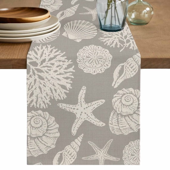 Grey Starfish Coastal Table Runner 72 Inches, Shell Coral Summer Beach Nautical Ocean Bed Runner Dresser Scarves Tabletop for Indoor Outdoor Parties/Ceremony/Banquet, 14" x 72"