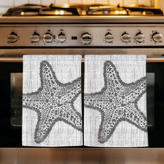 Grey Starfish Kitchen Towels Set of 3, Vintage Gray Farmhouse Coastal Summer Absorbent Dish Towels for Kitchen, Microfiber Hand Towel, Quick Drying Tea Towel for Cleaning Decorative Dishcloths