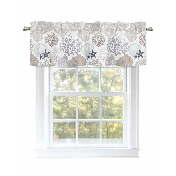 Grey Starfish Shell Valances for Windows, Rod Pocket Kitchen Valance Curtains - Soft & Washable Small Window Treatment for Living Room,&nbsp;Bathroom, Coastal Ocean Coral, 54x18inch