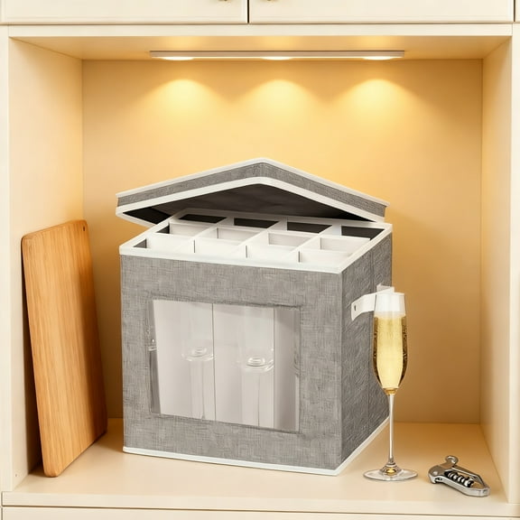 Grey Stemware Storage Case Organizer - Hard Shell Champagne Flute Storage Box with Dividers for 12 Crystal Glasses