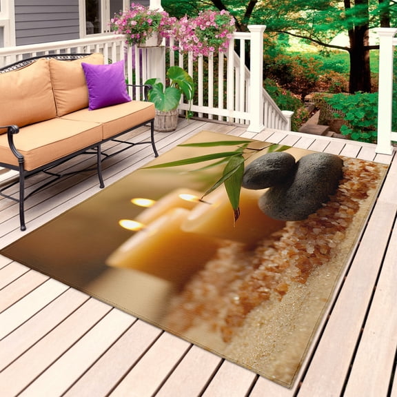 Grey Stone Outdoor Rug for Patio/Deck/Porch, Non-Slip Large Area Rug 3 x 5 Ft, Beige Green Leaves Modern Art Indoor Outdoor Rugs Washable Area Rugs, Reversible Camping Rug Carpet Runner