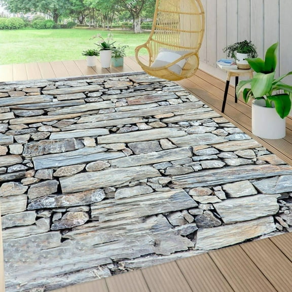 Grey Stones Wall Pattern Texture Area Rug For Porch Patio Deck Machine Washable No Slip Durable Carpet In Balcony Veranda Backyard Waterproof Unique Art Deco Outdoor Rugs 1x2ft